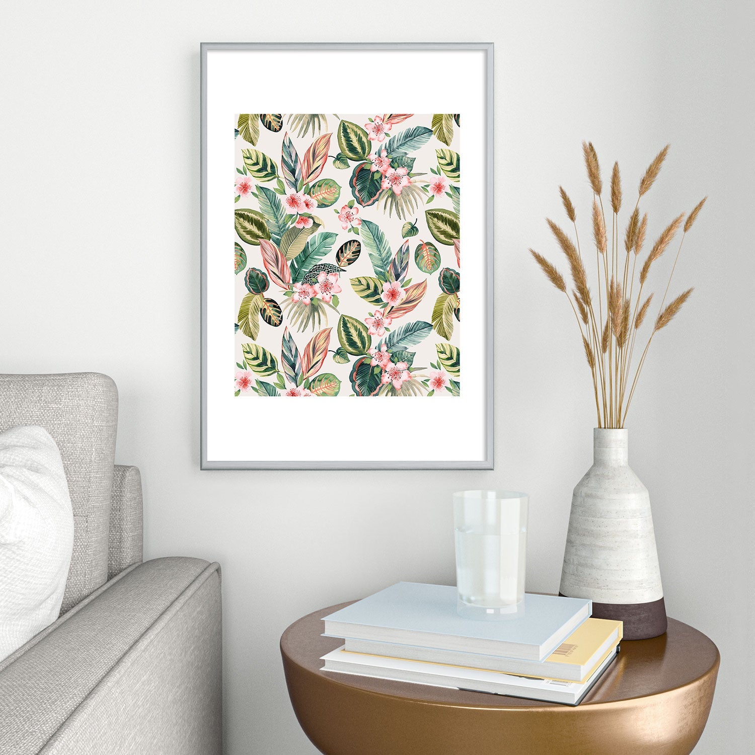Ninola Design Botanic Retreat Tropical Leaves Flowers Pink Green Metal Framed Art Print
