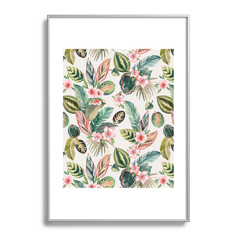 Ninola Design Botanic Retreat Tropical Leaves Flowers Pink Green Metal Framed Art Print