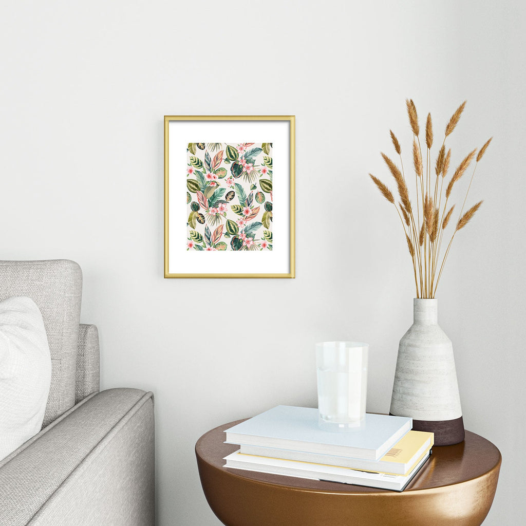 Ninola Design Botanic Retreat Tropical Leaves Flowers Pink Green Metal Framed Art Print