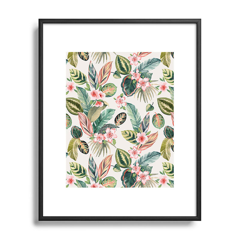 Ninola Design Botanic Retreat Tropical Leaves Flowers Pink Green Metal Framed Art Print