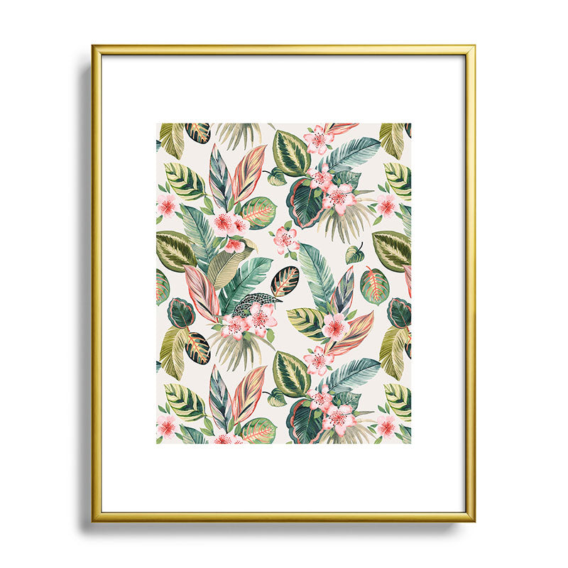 Ninola Design Botanic Retreat Tropical Leaves Flowers Pink Green Metal Framed Art Print