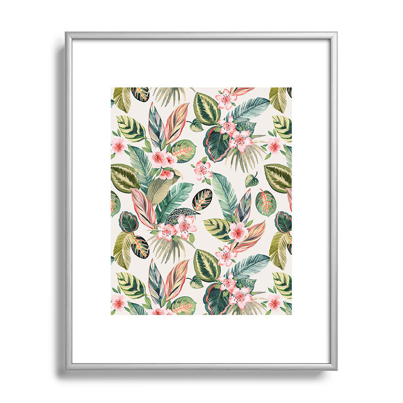 Ninola Design Botanic Retreat Tropical Leaves Flowers Pink Green Metal Framed Art Print