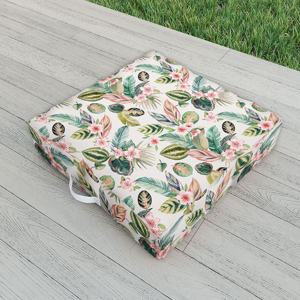 Ninola Design Botanic Retreat Tropical Leaves Flowers Pink Green Outdoor Floor Cushion