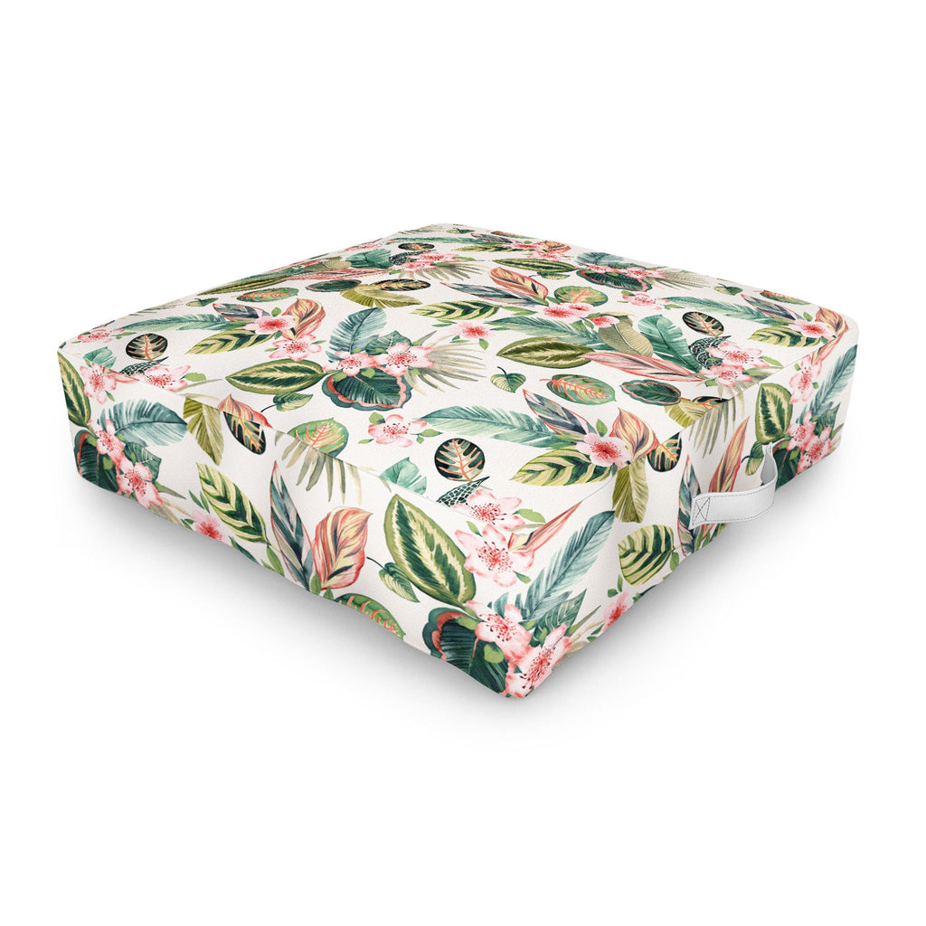 Ninola Design Botanic Retreat Tropical Leaves Flowers Pink Green Outdoor Floor Cushion