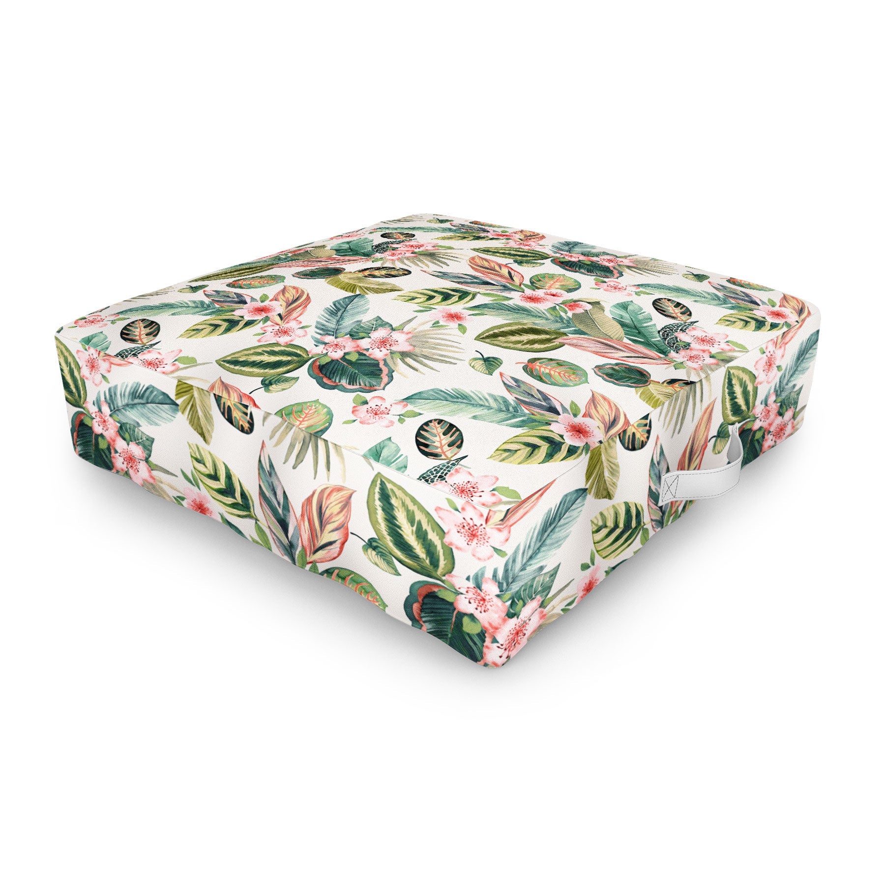Ninola Design Botanic Retreat Tropical Leaves Flowers Pink Green Outdoor Floor Cushion
