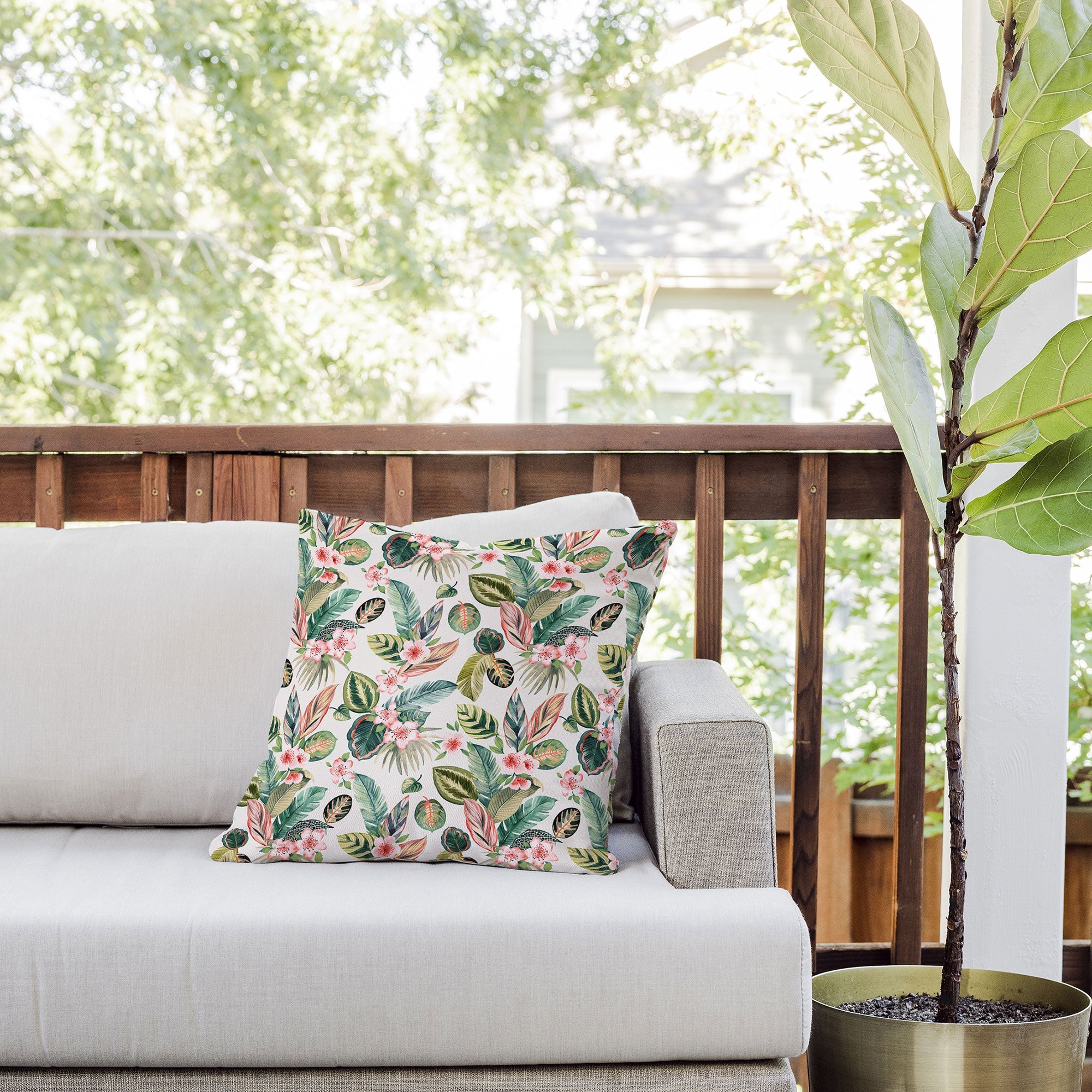 Ninola Design Botanic Retreat Tropical Leaves Flowers Pink Green Outdoor Throw Pillow
