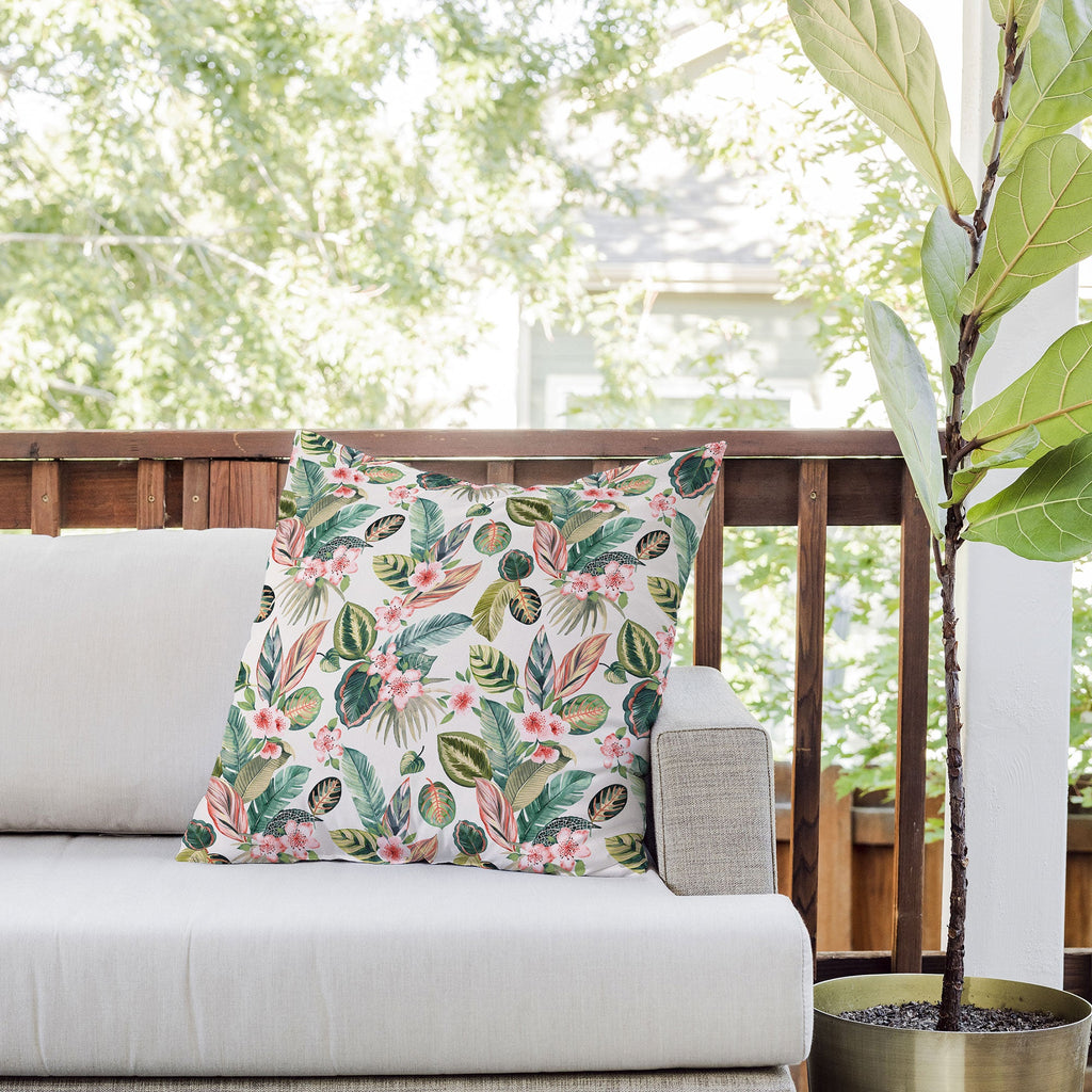 Ninola Design Botanic Retreat Tropical Leaves Flowers Pink Green Outdoor Throw Pillow