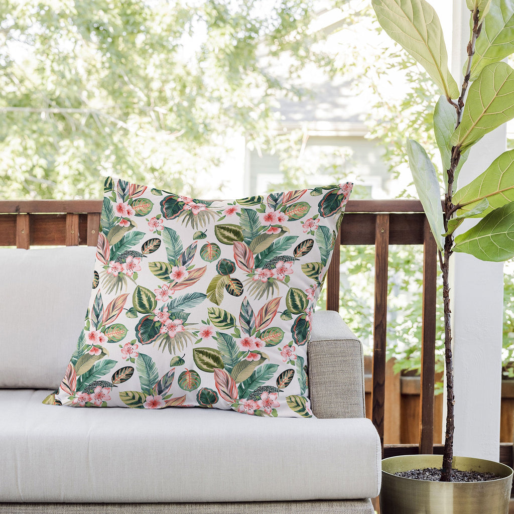 Ninola Design Botanic Retreat Tropical Leaves Flowers Pink Green Outdoor Throw Pillow