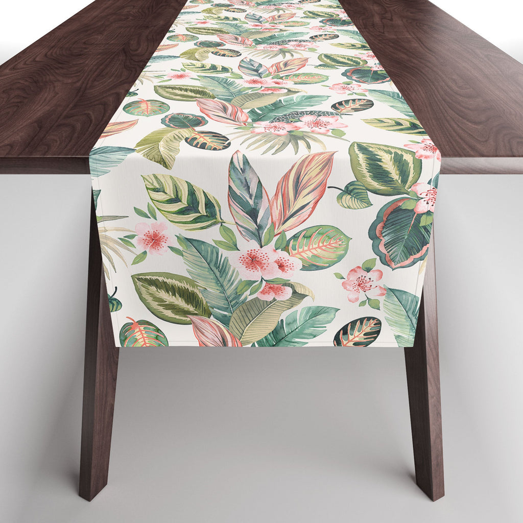Ninola Design Botanic Retreat Tropical Leaves Flowers Pink Green Table Runner