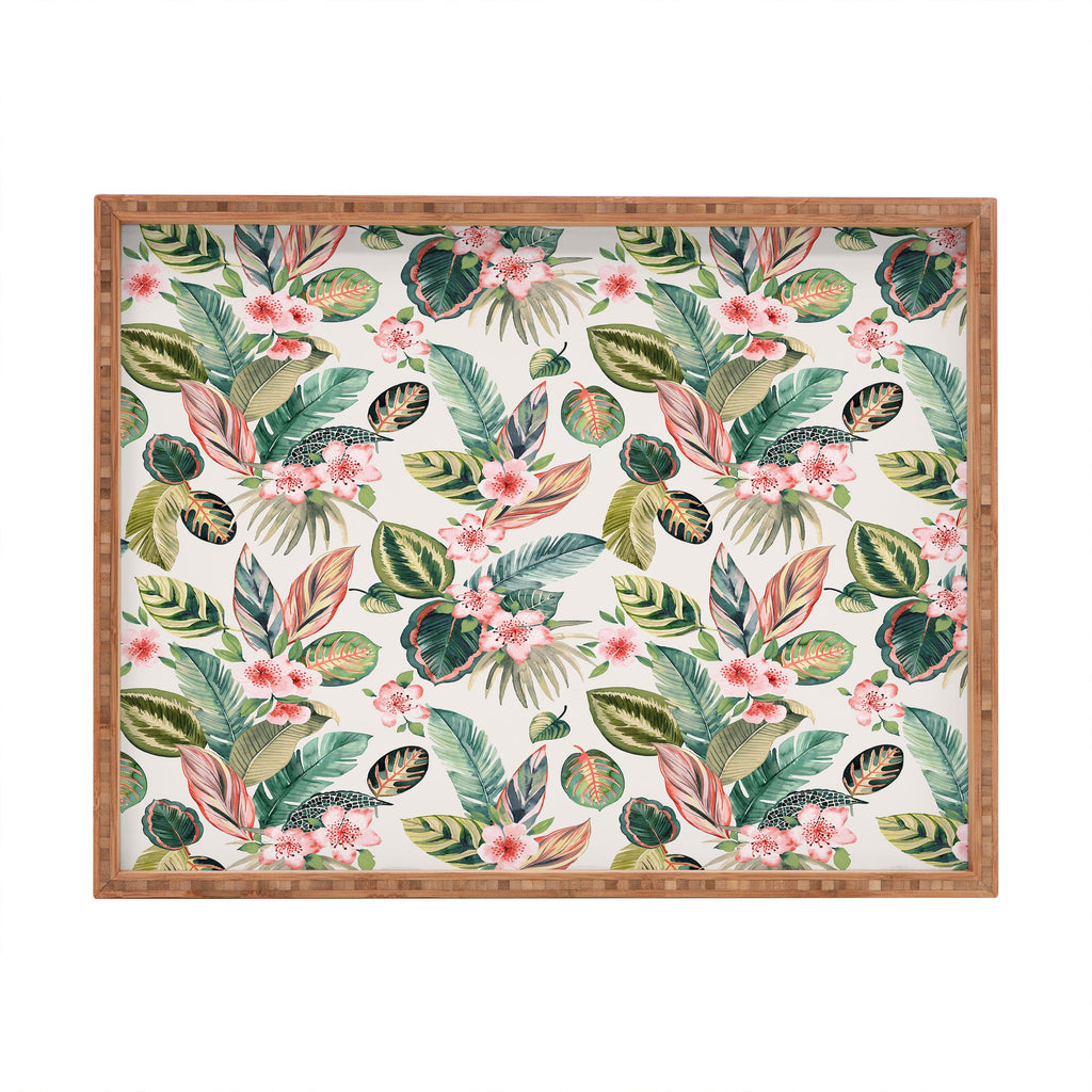 Ninola Design Botanic Retreat Tropical Leaves Flowers Pink Green Rectangular Tray