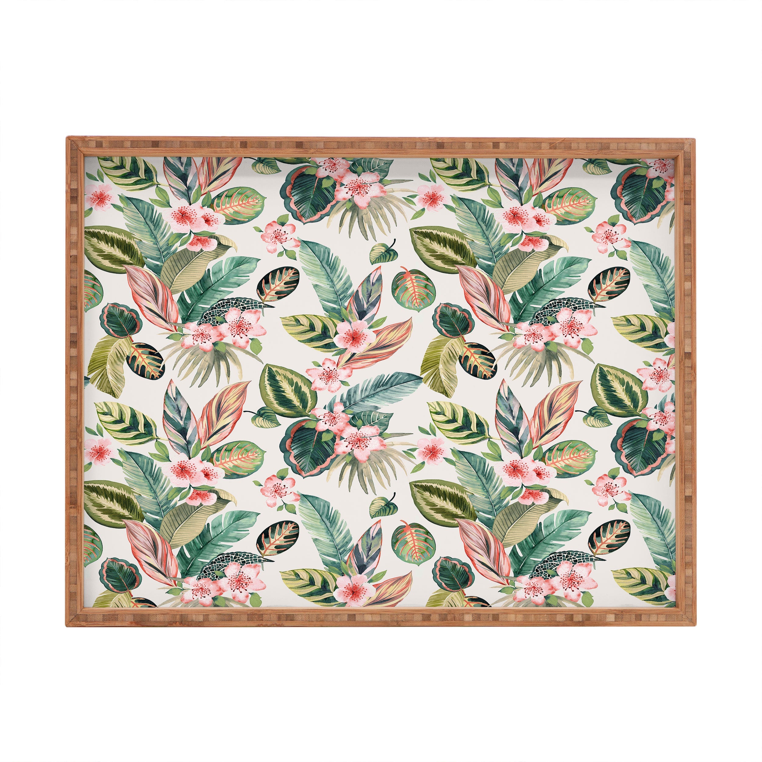 Ninola Design Botanic Retreat Tropical Leaves Flowers Pink Green Rectangular Tray