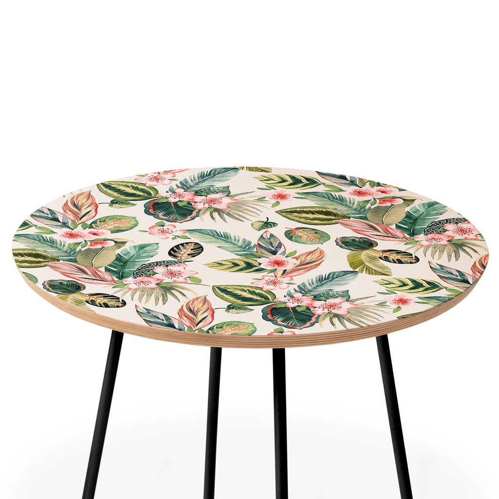 Ninola Design Botanic Retreat Tropical Leaves Flowers Pink Green Round Side Table