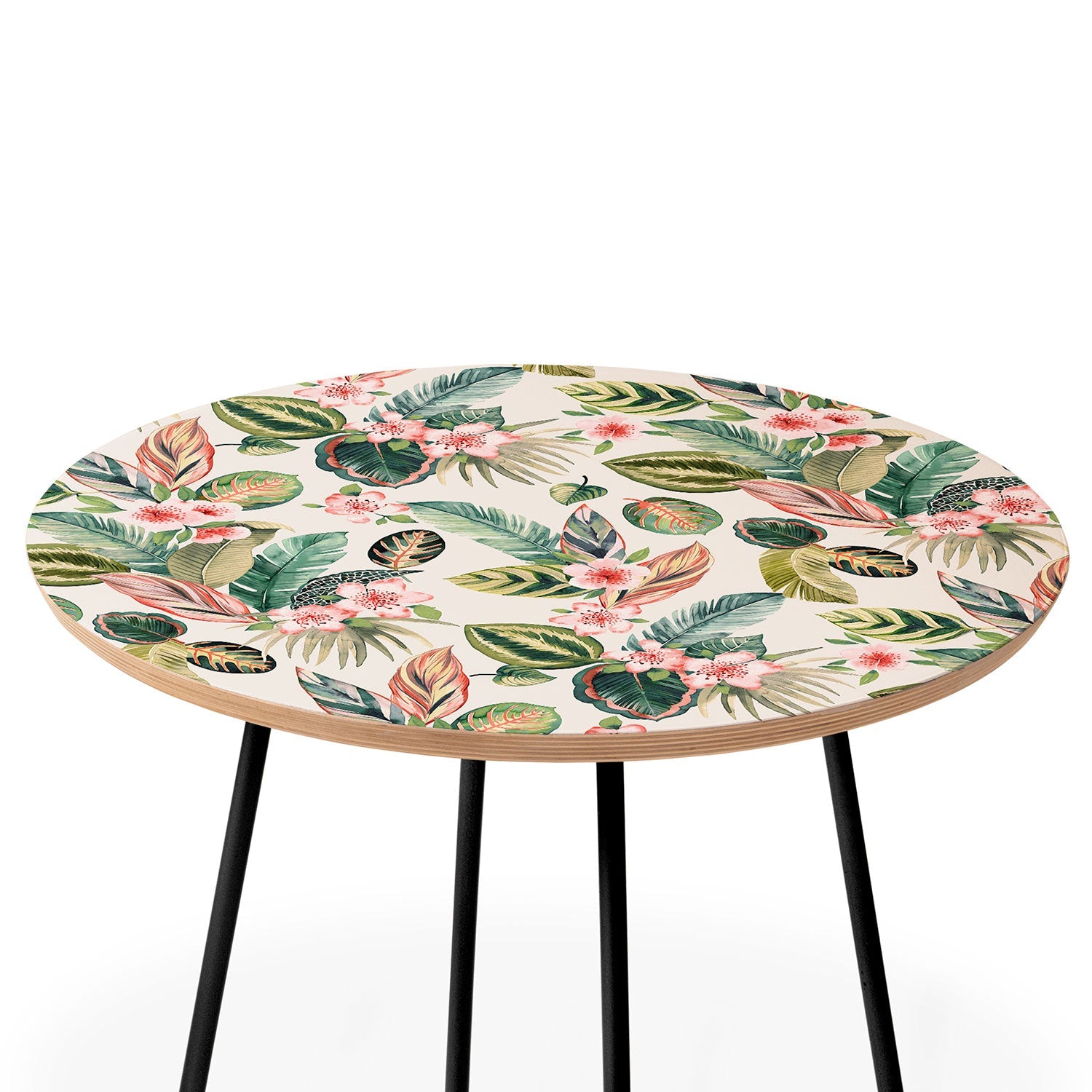 Ninola Design Botanic Retreat Tropical Leaves Flowers Pink Green Round Side Table
