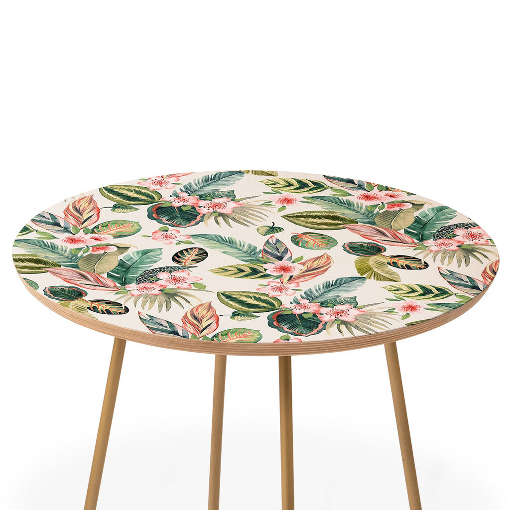Ninola Design Botanic Retreat Tropical Leaves Flowers Pink Green Round Side Table