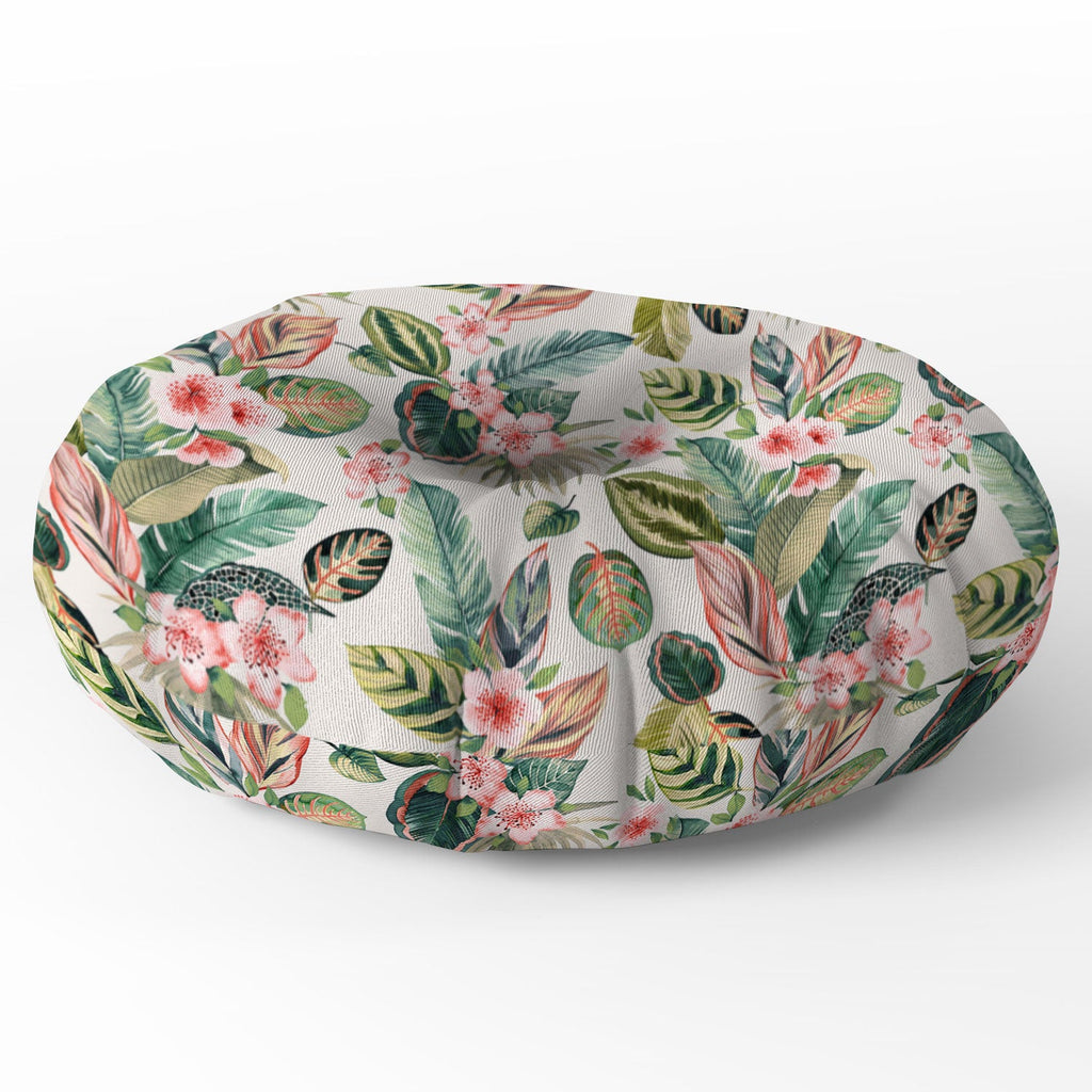 Ninola Design Botanic Retreat Tropical Leaves Flowers Pink Green Floor Pillow Round