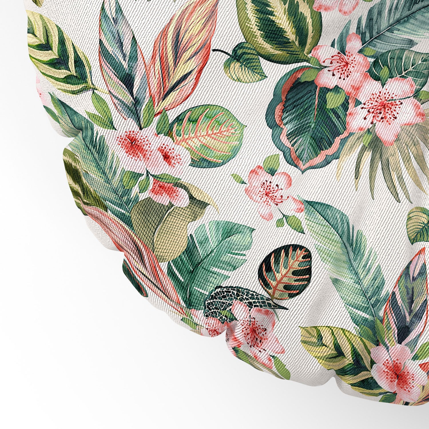 Ninola Design Botanic Retreat Tropical Leaves Flowers Pink Green Floor Pillow Round