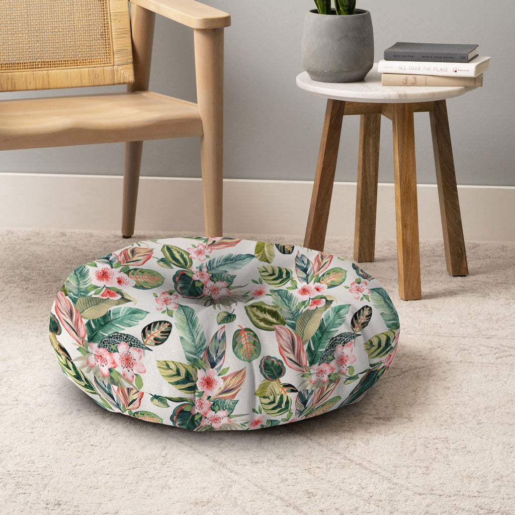 Ninola Design Botanic Retreat Tropical Leaves Flowers Pink Green Floor Pillow Round