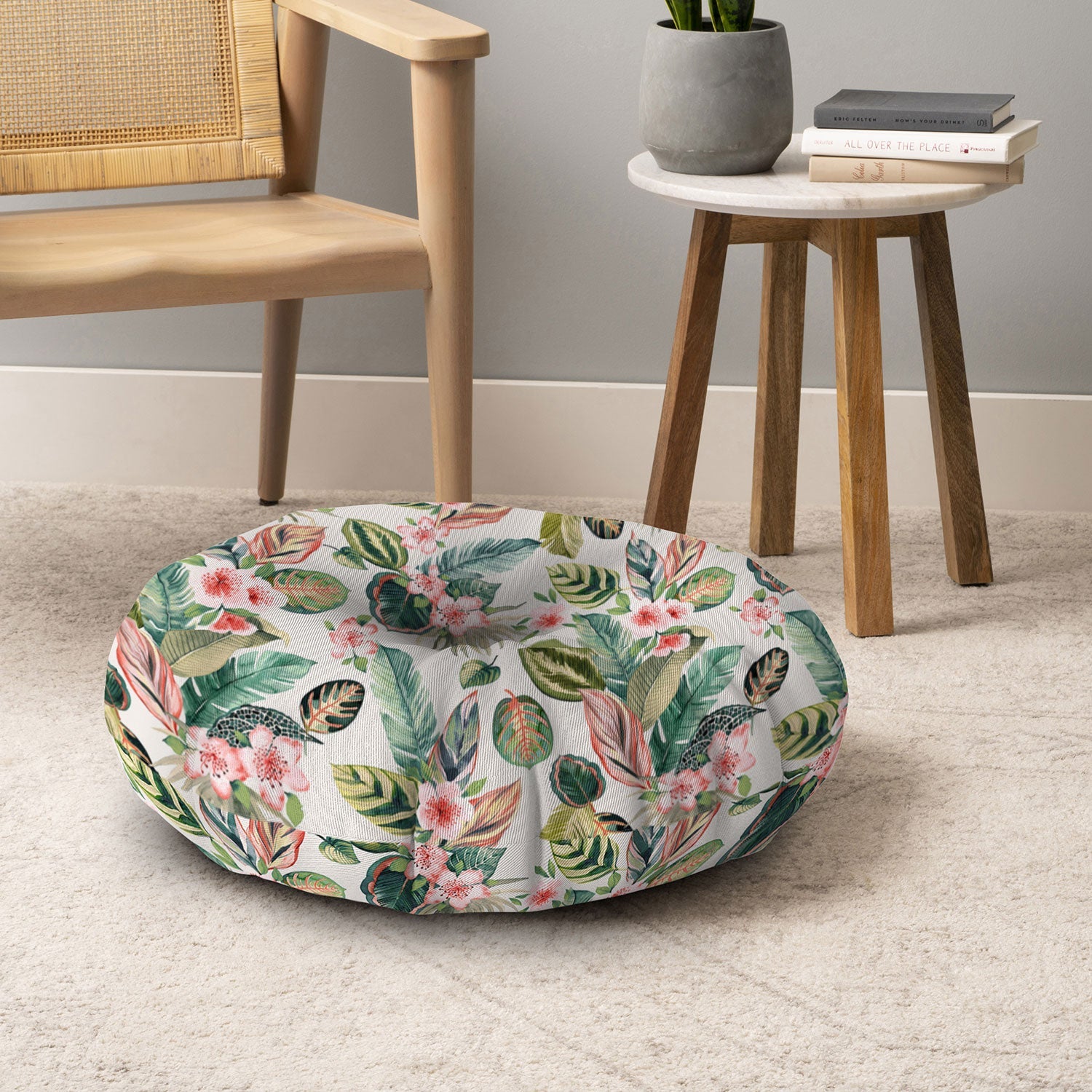 Ninola Design Botanic Retreat Tropical Leaves Flowers Pink Green Floor Pillow Round
