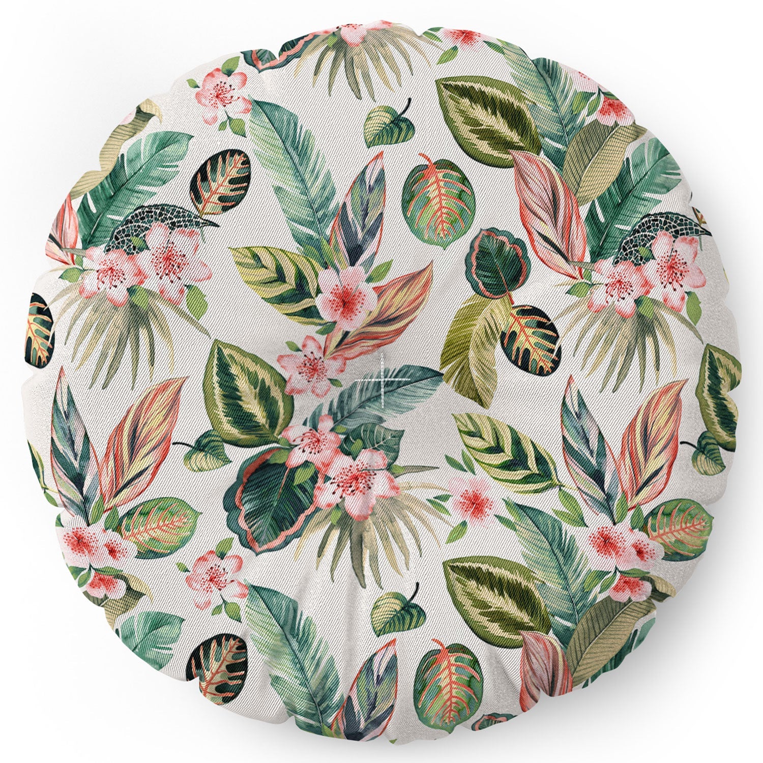Ninola Design Botanic Retreat Tropical Leaves Flowers Pink Green Floor Pillow Round