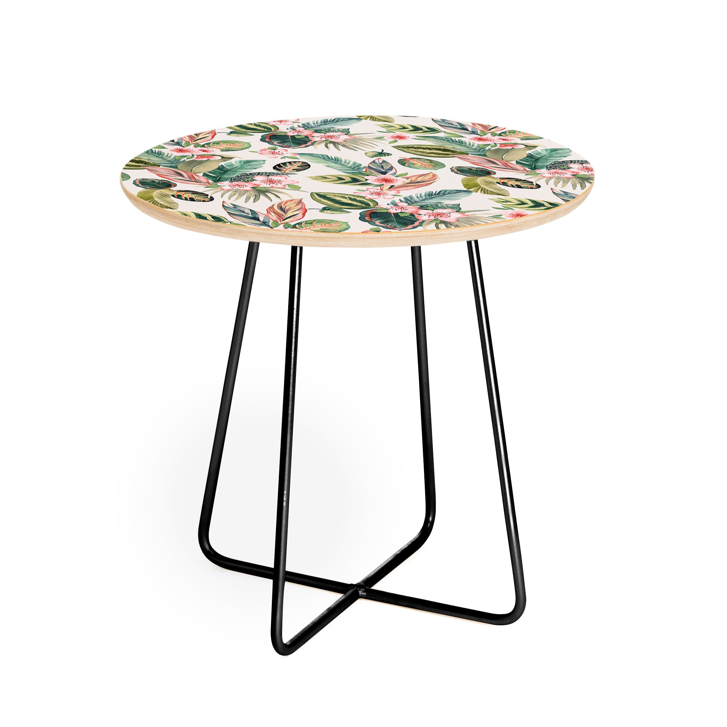 Ninola Design Botanic Retreat Tropical Leaves Flowers Pink Green Round Side Table