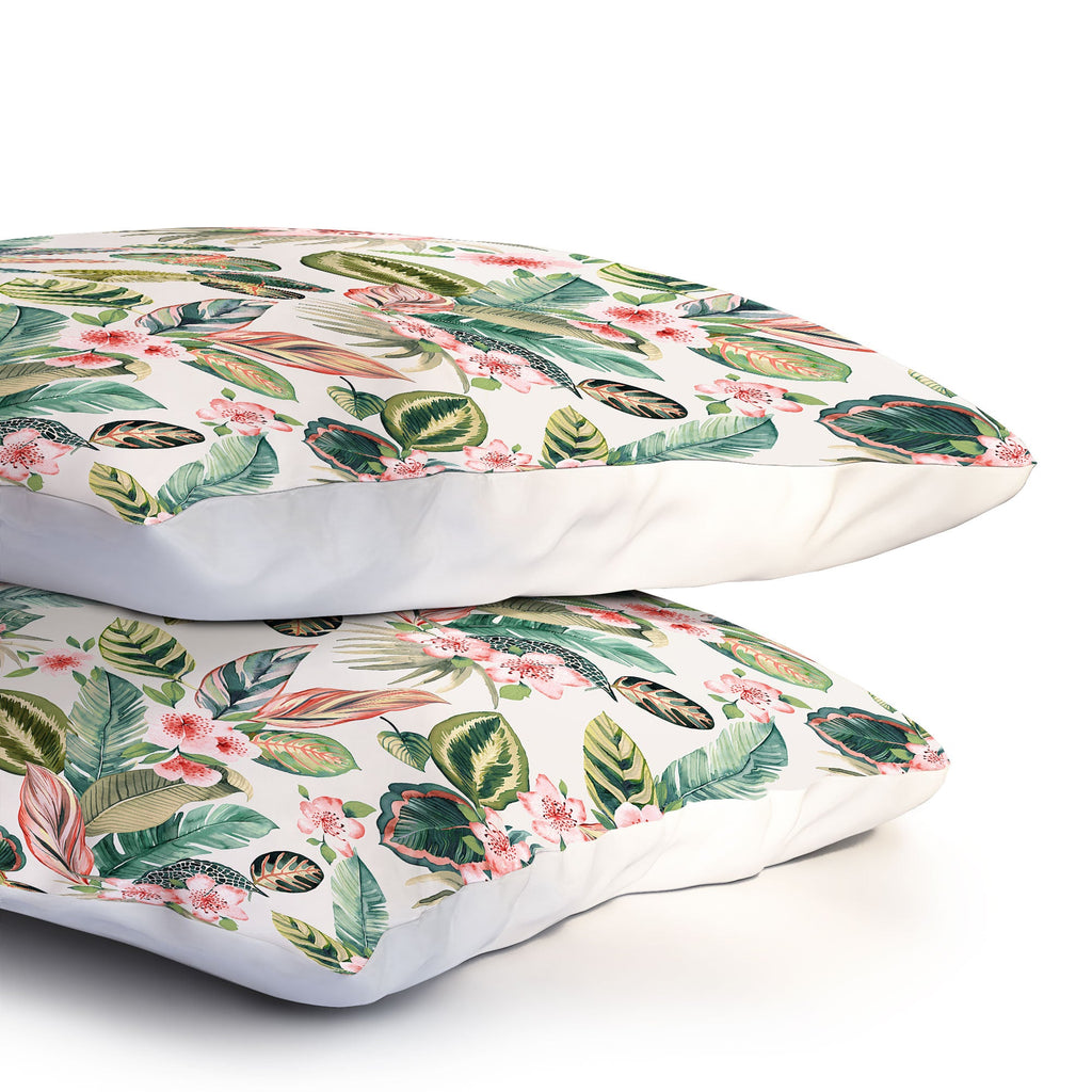 Ninola Design Botanic Retreat Tropical Leaves Flowers Pink Green Pillow Shams