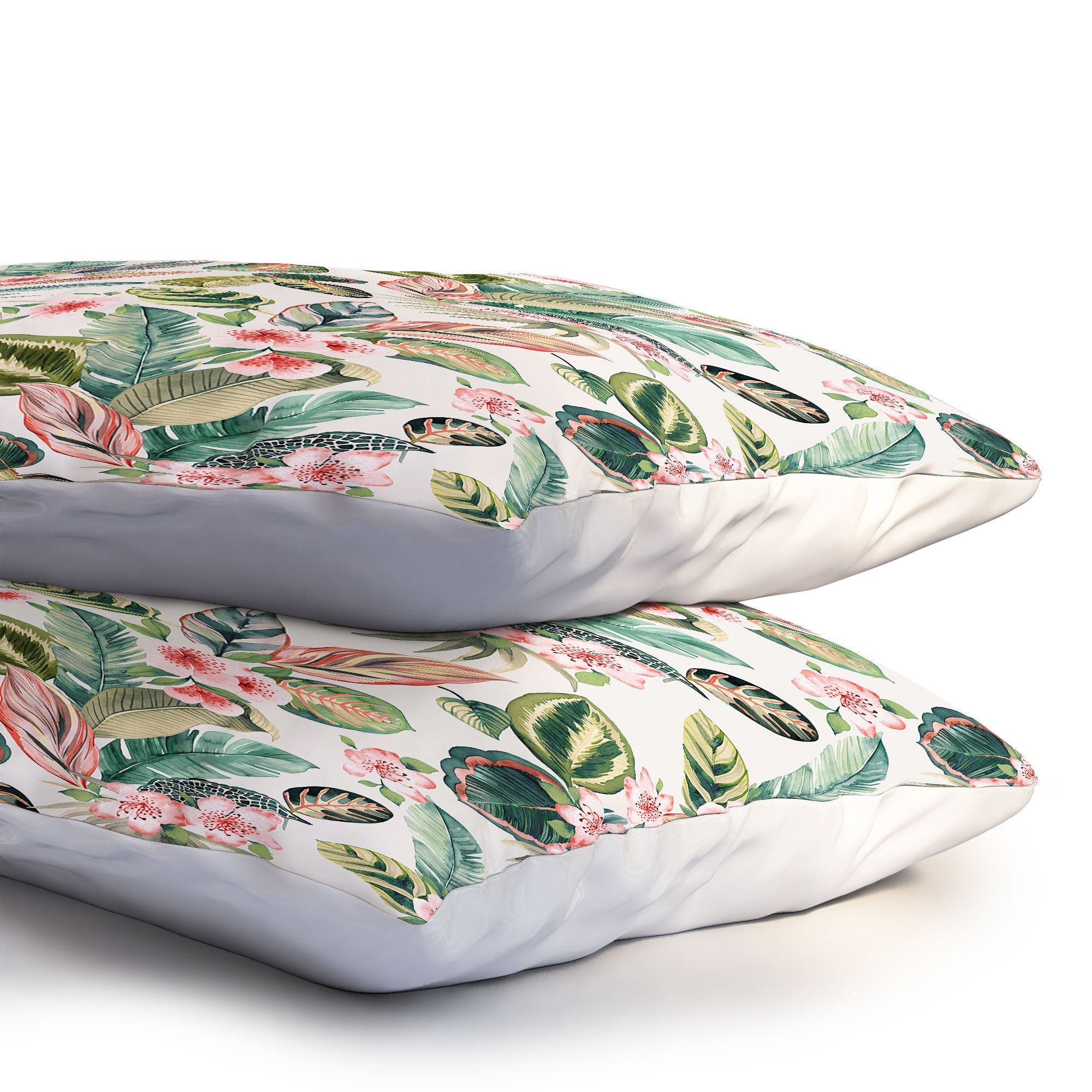 Ninola Design Botanic Retreat Tropical Leaves Flowers Pink Green Pillow Shams