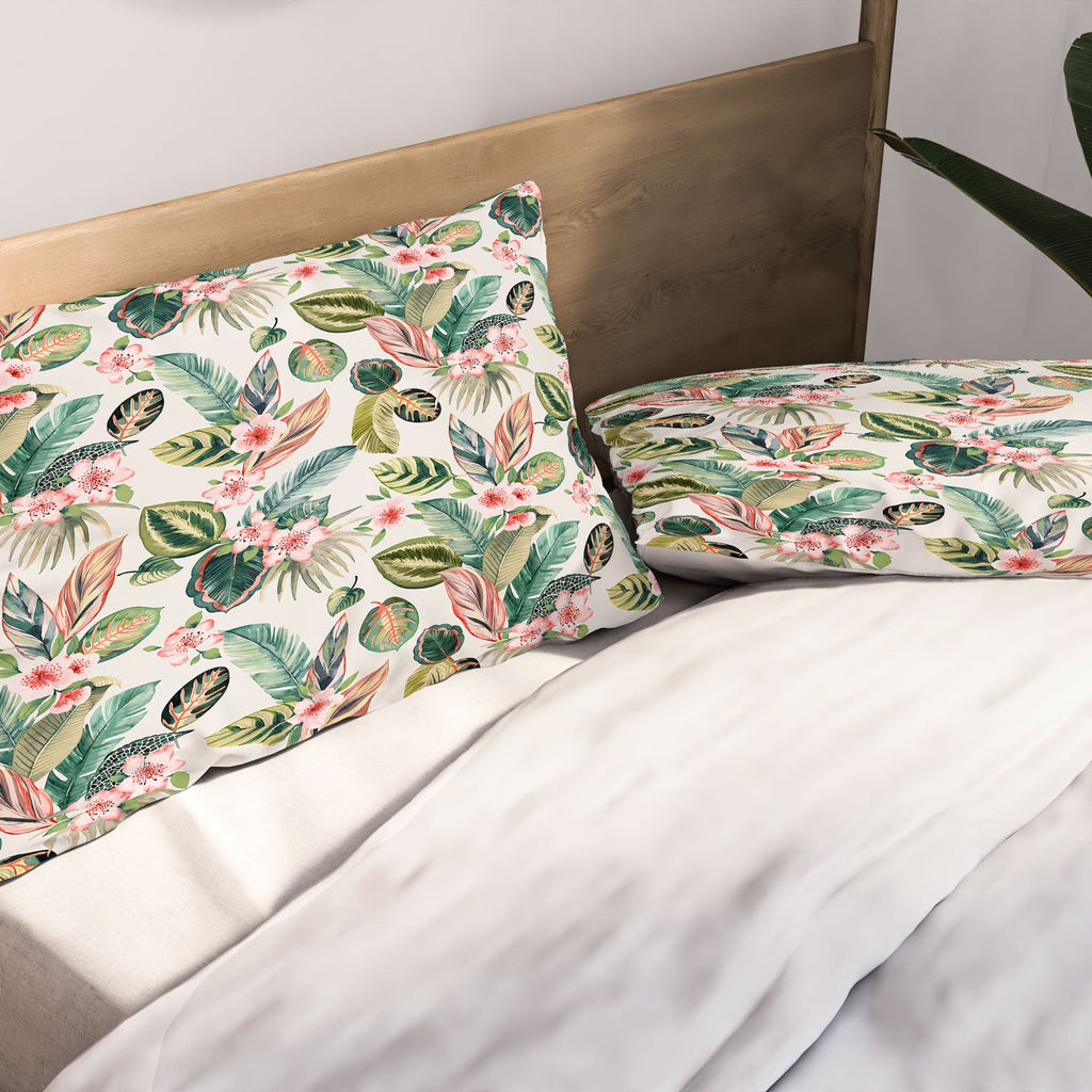 Ninola Design Botanic Retreat Tropical Leaves Flowers Pink Green Pillow Shams