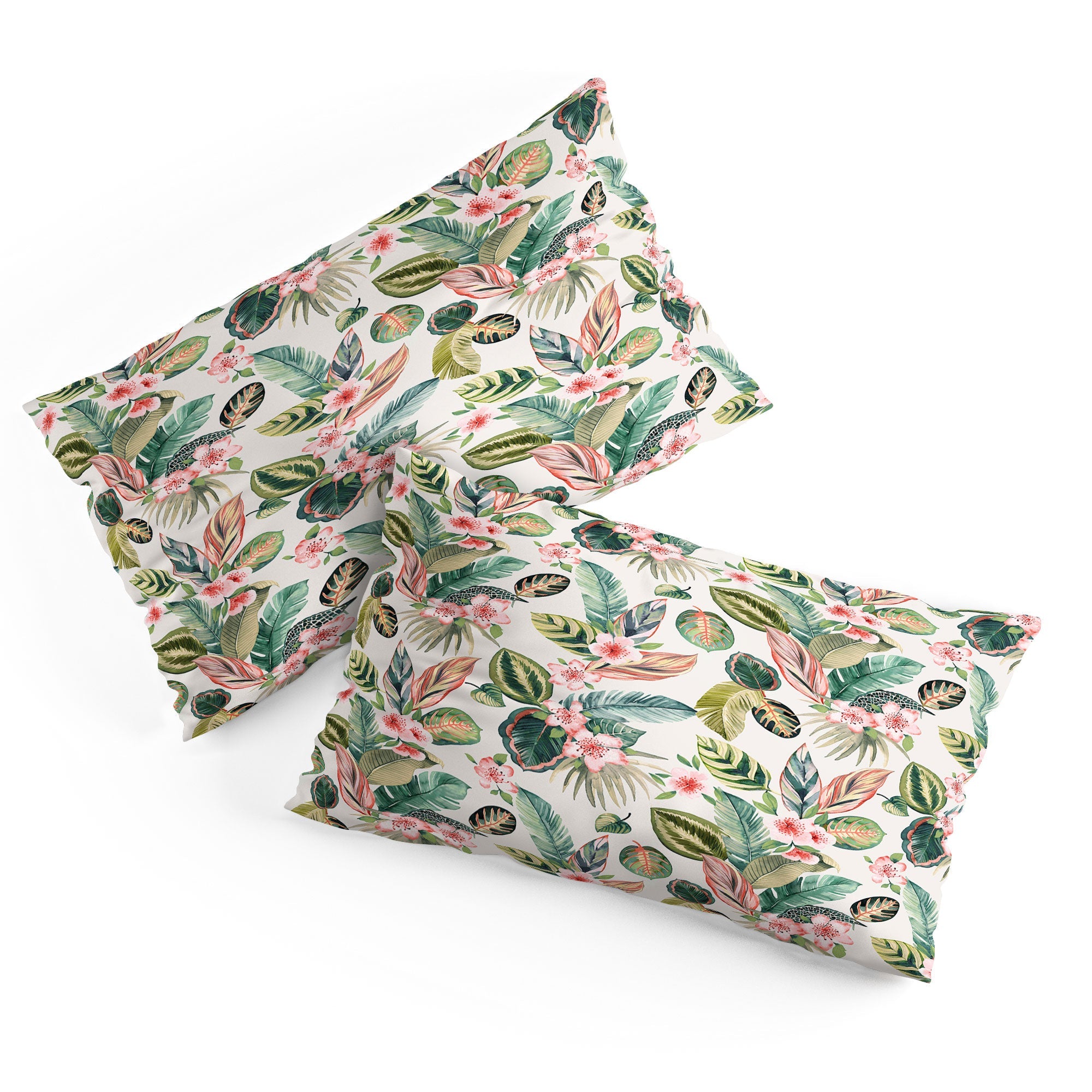 Ninola Design Botanic Retreat Tropical Leaves Flowers Pink Green Pillow Shams