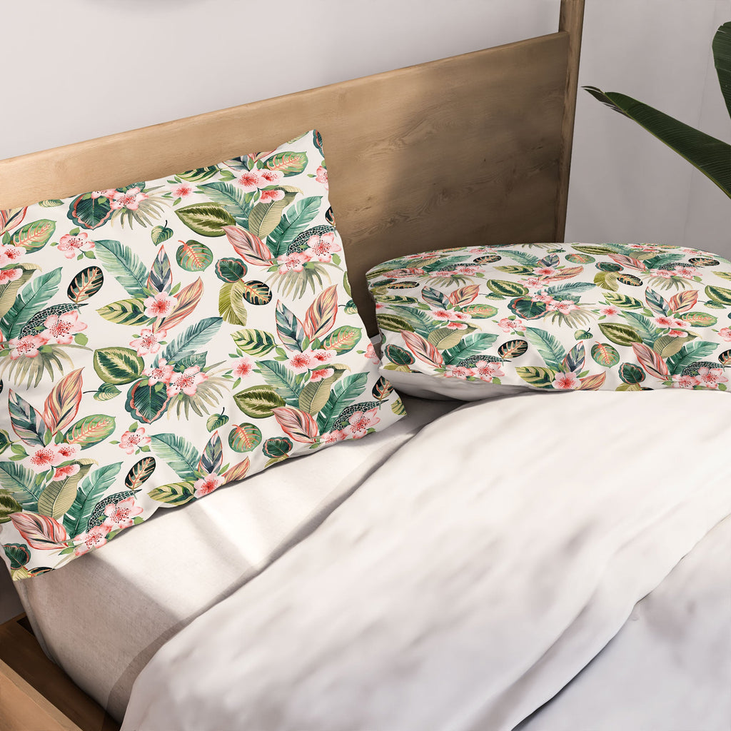 Ninola Design Botanic Retreat Tropical Leaves Flowers Pink Green Pillow Shams