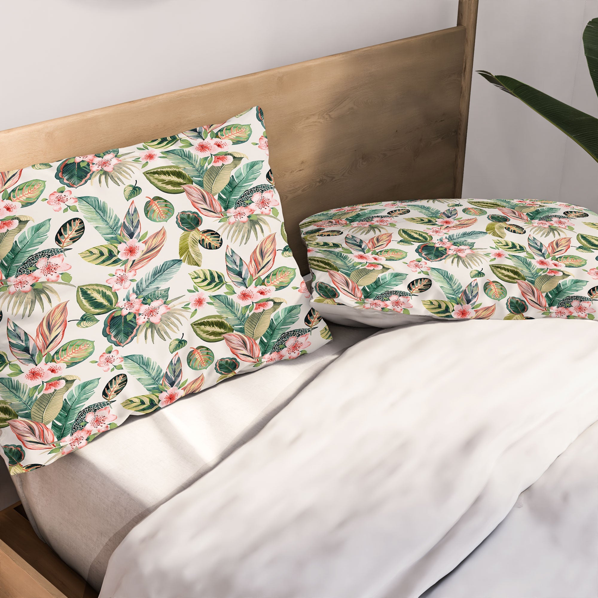 Ninola Design Botanic Retreat Tropical Leaves Flowers Pink Green Pillow Shams