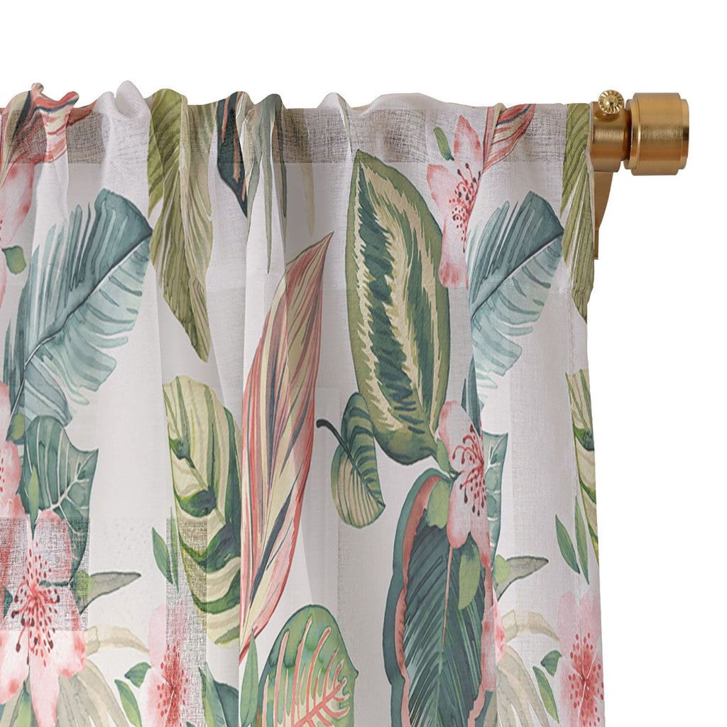 Ninola Design Botanic Retreat Tropical Leaves Flowers Pink Green Sheer Window Curtain