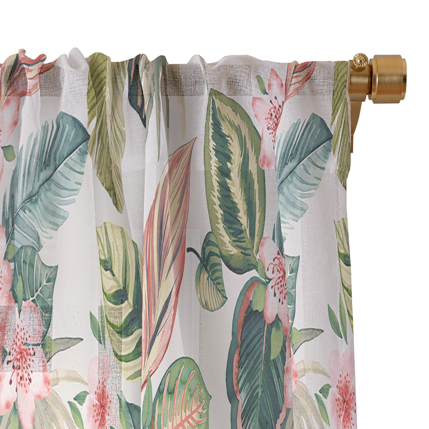 Ninola Design Botanic Retreat Tropical Leaves Flowers Pink Green Sheer Window Curtain