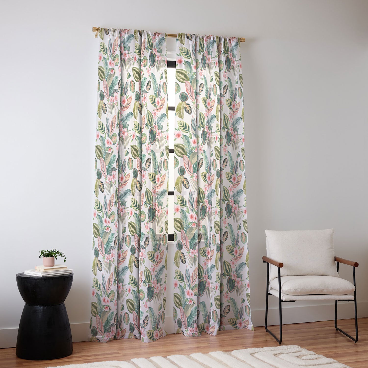 Ninola Design Botanic Retreat Tropical Leaves Flowers Pink Green Sheer Window Curtain