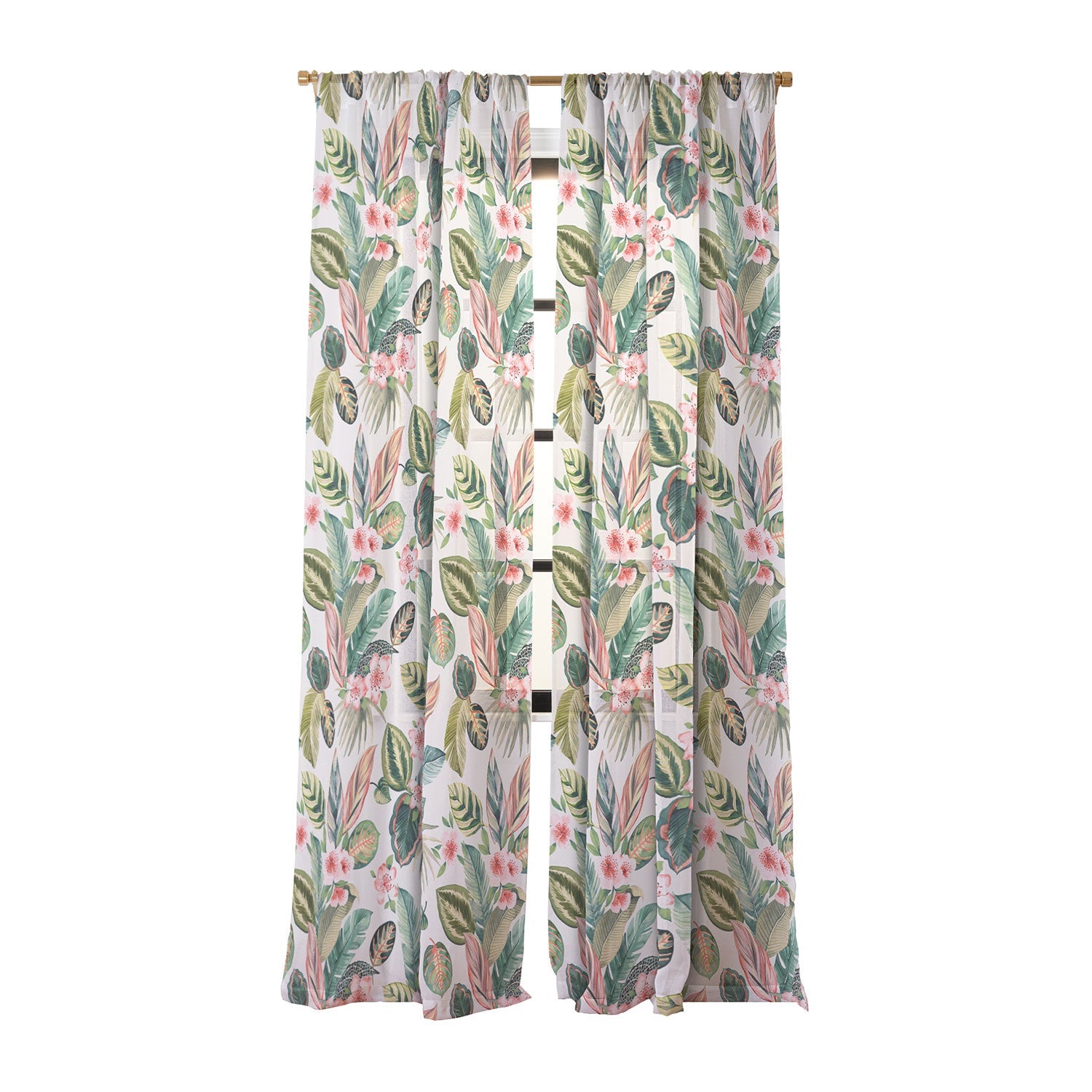 Ninola Design Botanic Retreat Tropical Leaves Flowers Pink Green Sheer Non Repeat