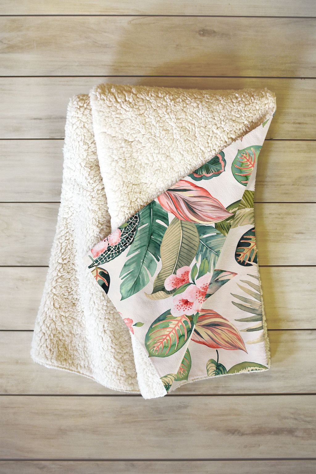 Ninola Design Botanic Retreat Tropical Leaves Flowers Pink Green Fleece Throw Blanket