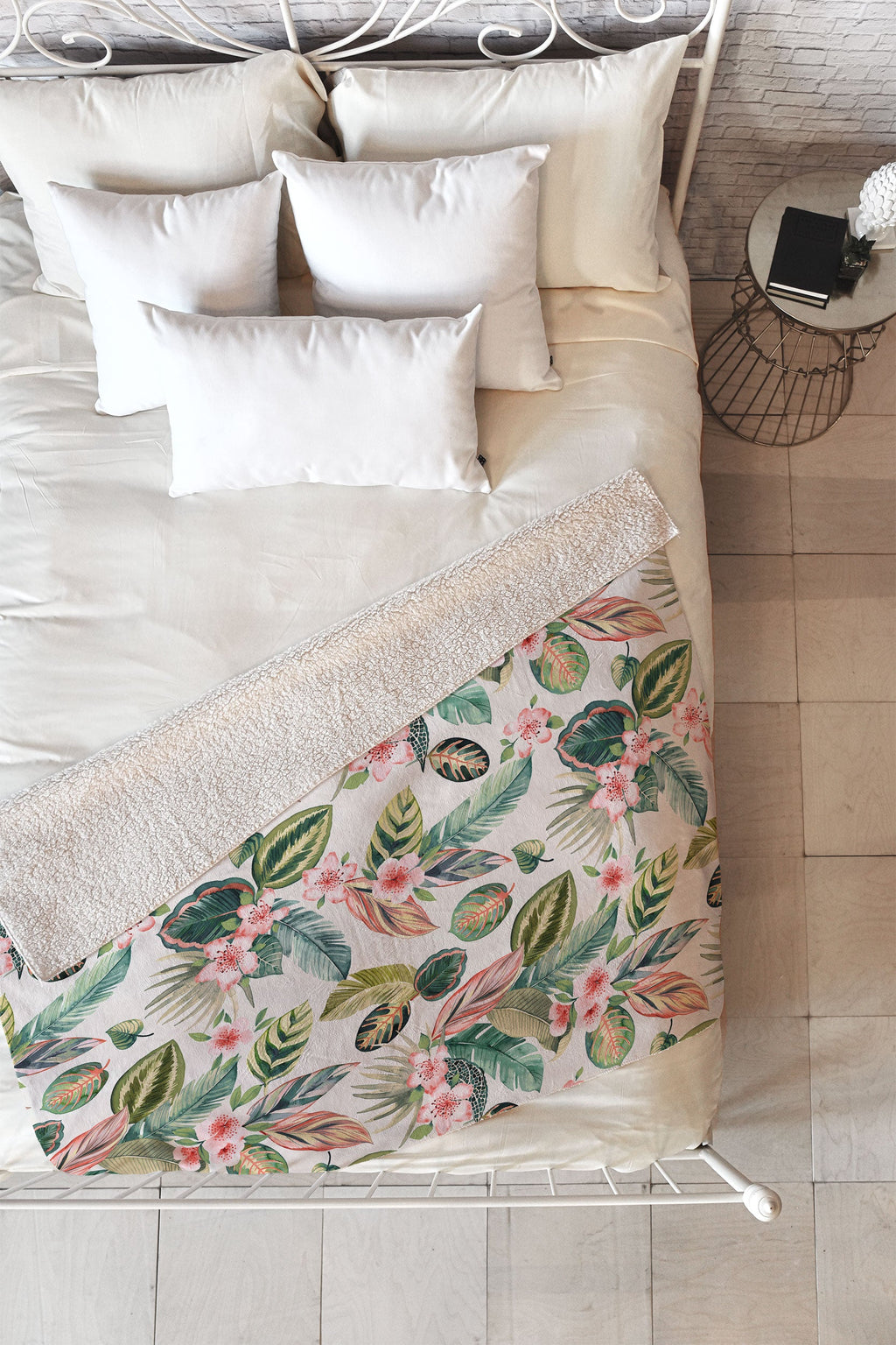 Ninola Design Botanic Retreat Tropical Leaves Flowers Pink Green Fleece Throw Blanket