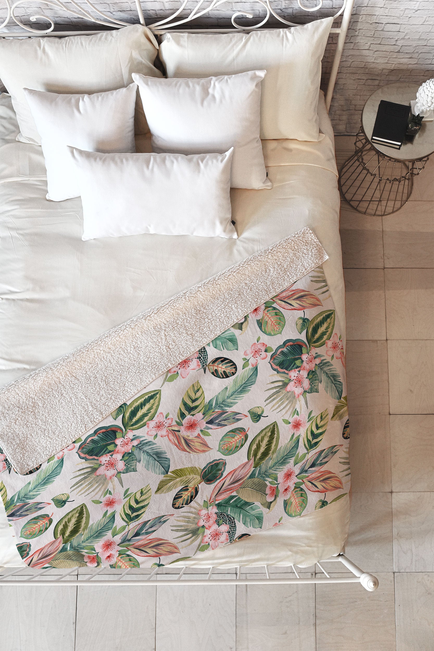 Ninola Design Botanic Retreat Tropical Leaves Flowers Pink Green Fleece Throw Blanket