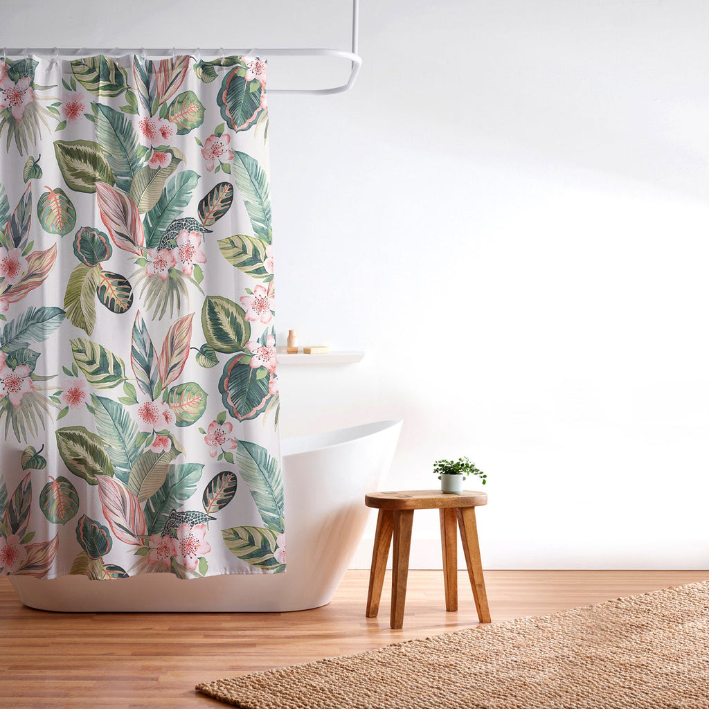 Ninola Design Botanic Retreat Tropical Leaves Flowers Pink Green Shower Curtain
