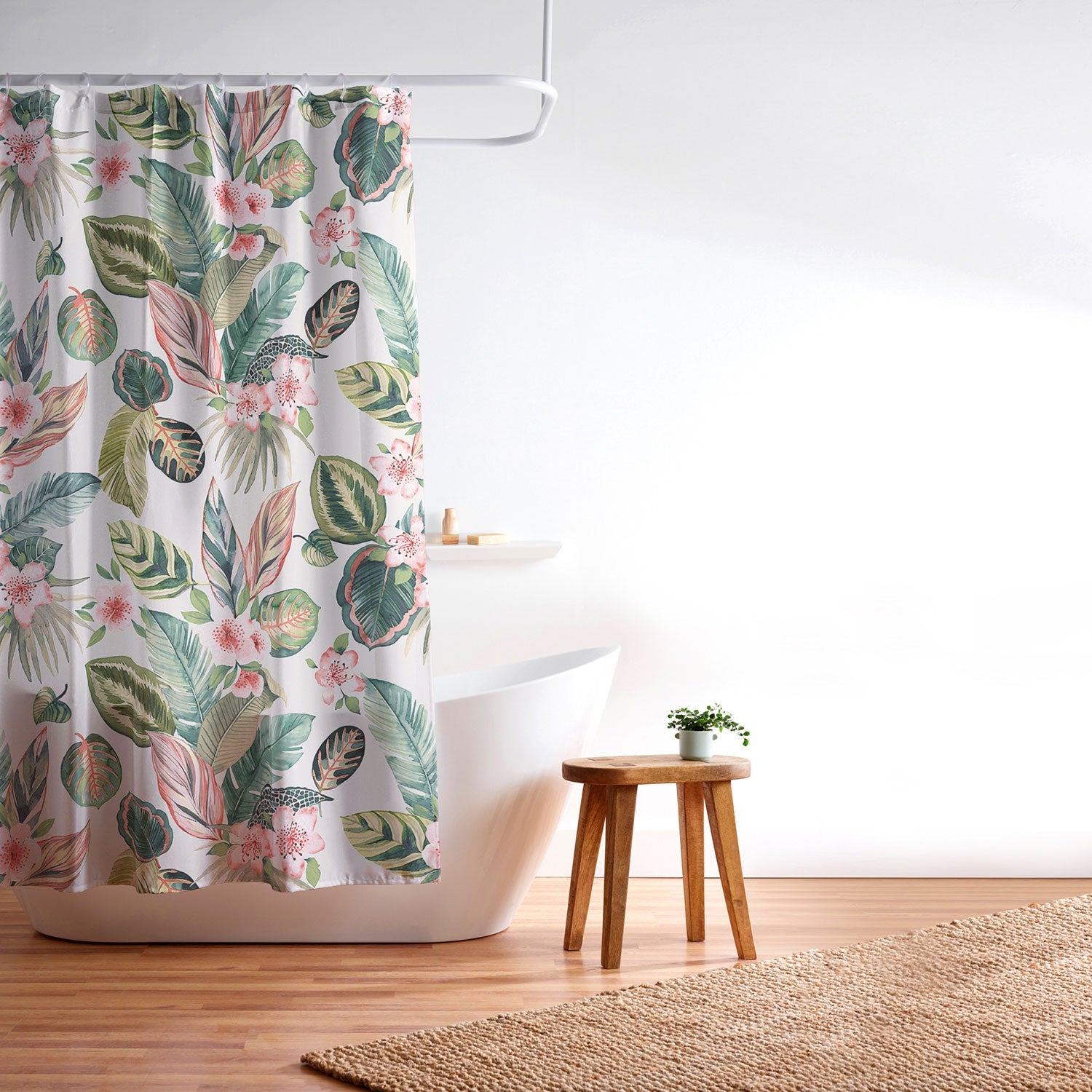 Ninola Design Botanic Retreat Tropical Leaves Flowers Pink Green Shower Curtain