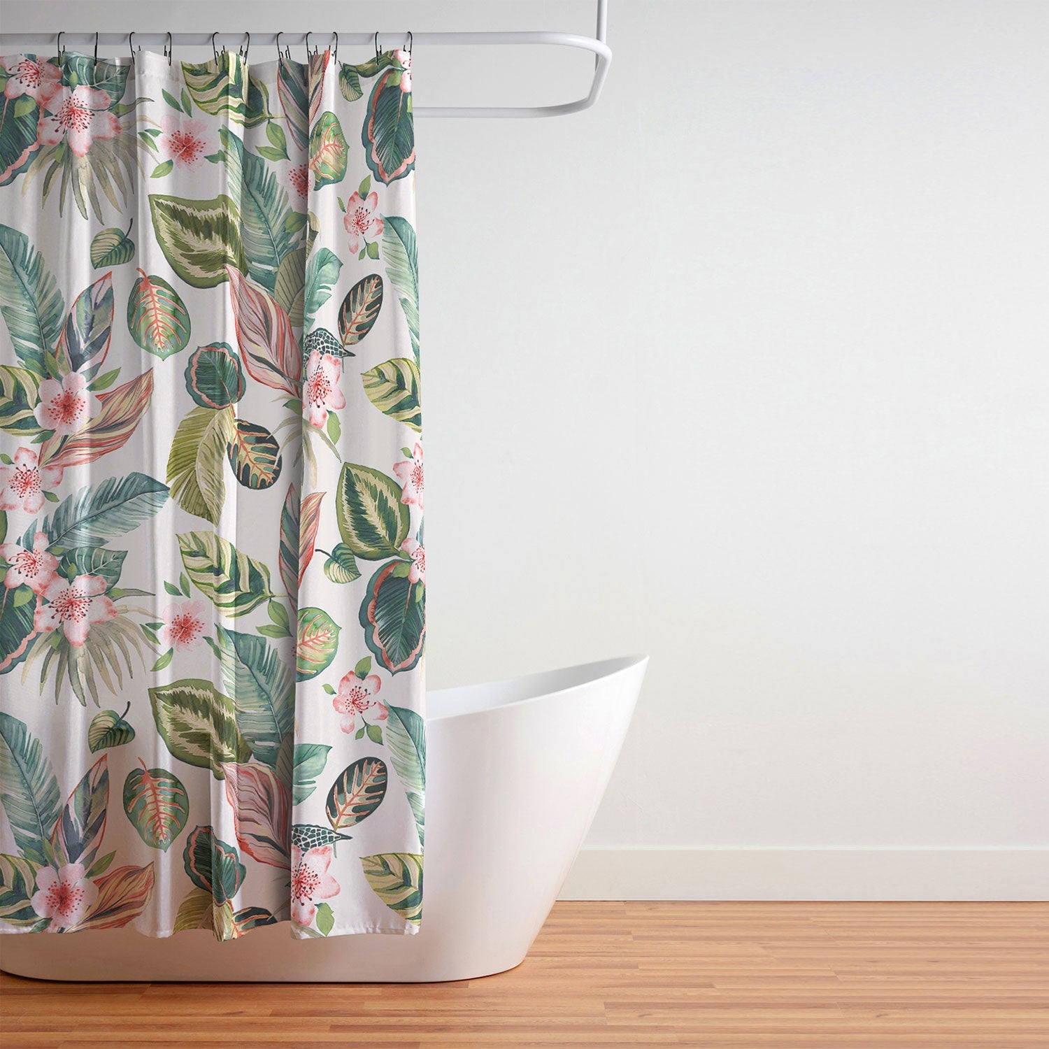 Ninola Design Botanic Retreat Tropical Leaves Flowers Pink Green Shower Curtain