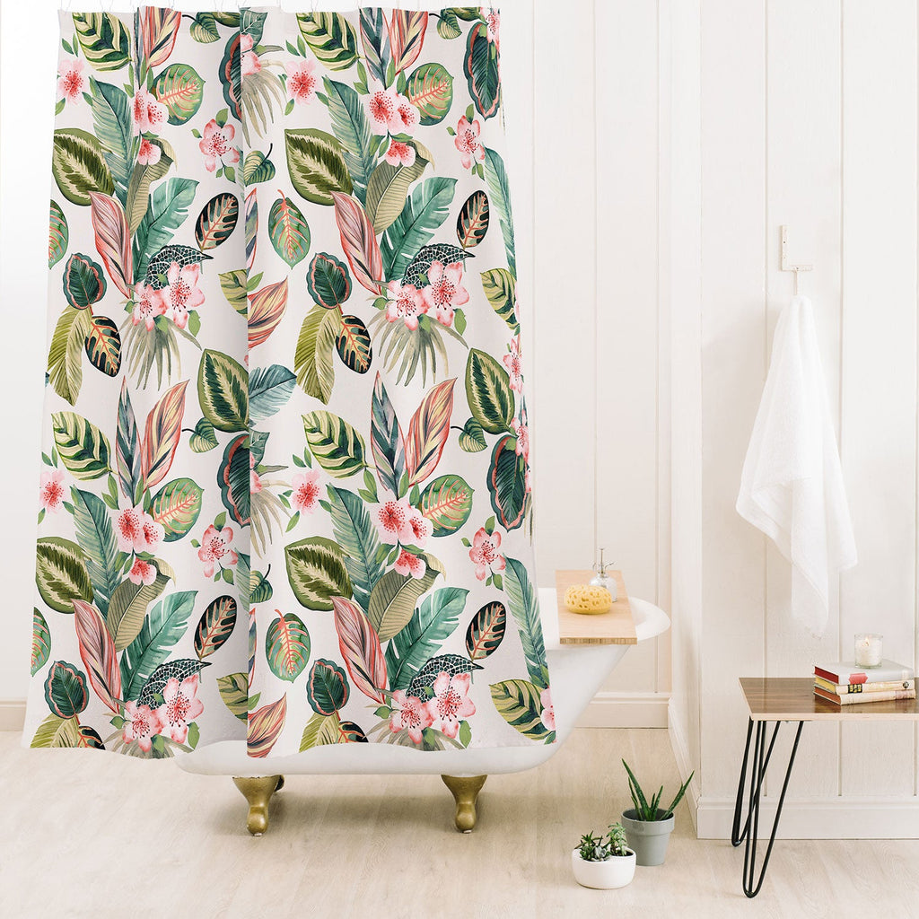 Ninola Design Botanic Retreat Tropical Leaves Flowers Pink Green Shower Curtain