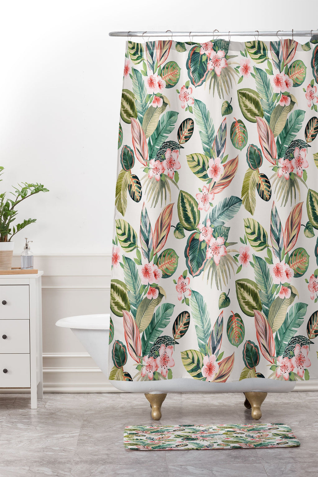 Ninola Design Botanic Retreat Tropical Leaves Flowers Pink Green Memory Foam Bath Mat