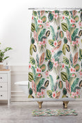 Ninola Design Botanic Retreat Tropical Leaves Flowers Pink Green Shower Curtain And Mat