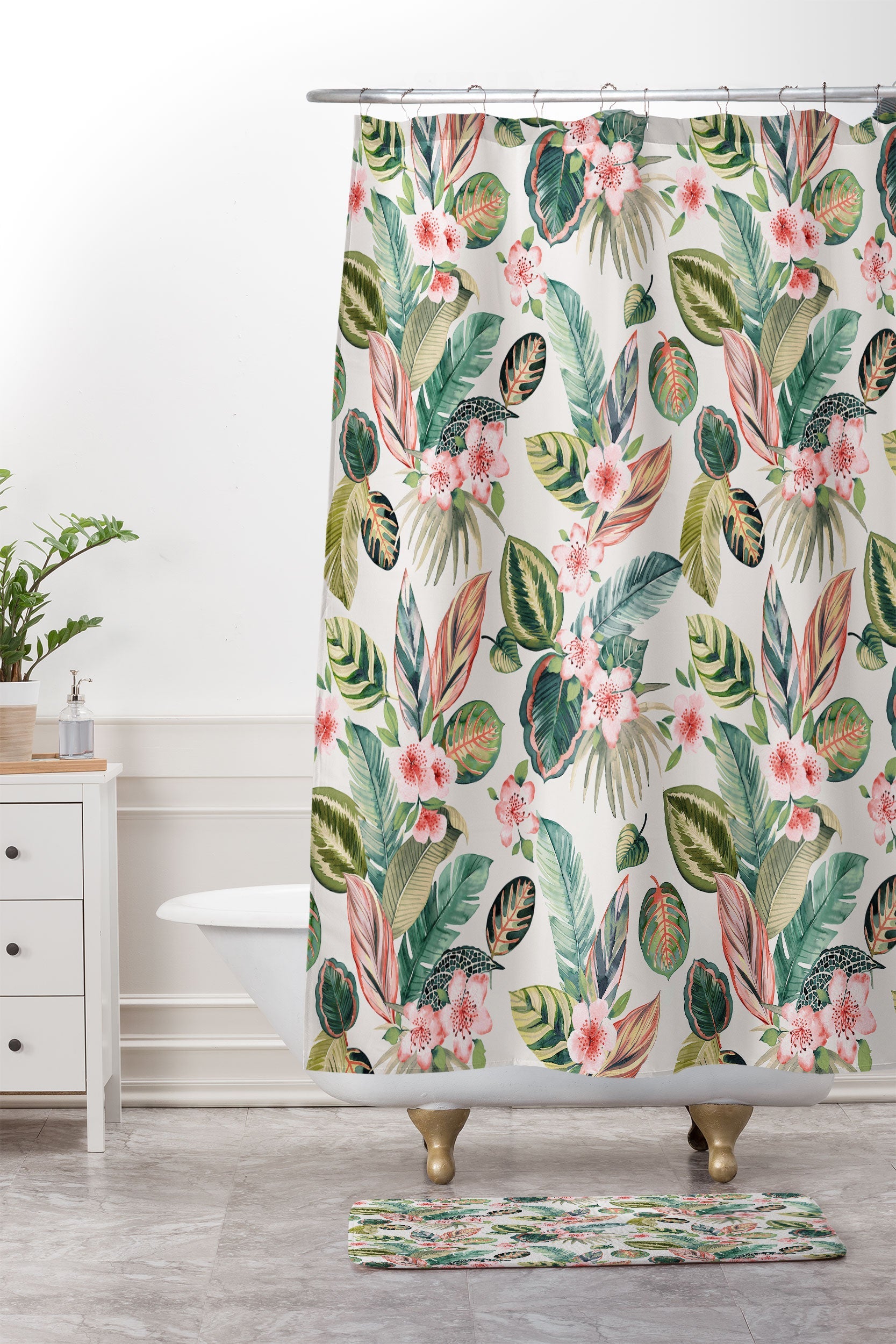 Ninola Design Botanic Retreat Tropical Leaves Flowers Pink Green Shower Curtain And Mat