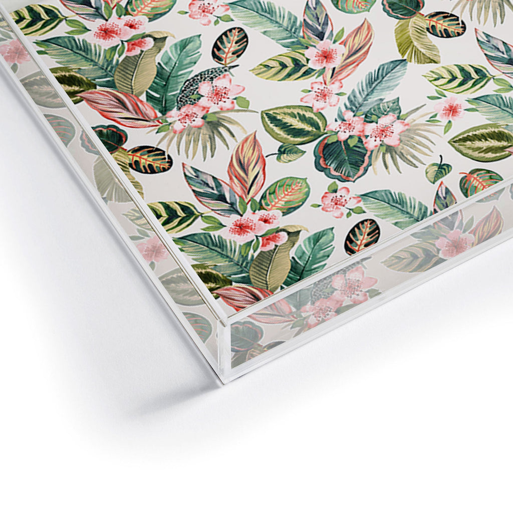 Ninola Design Botanic Retreat Tropical Leaves Flowers Pink Green Acrylic Tray