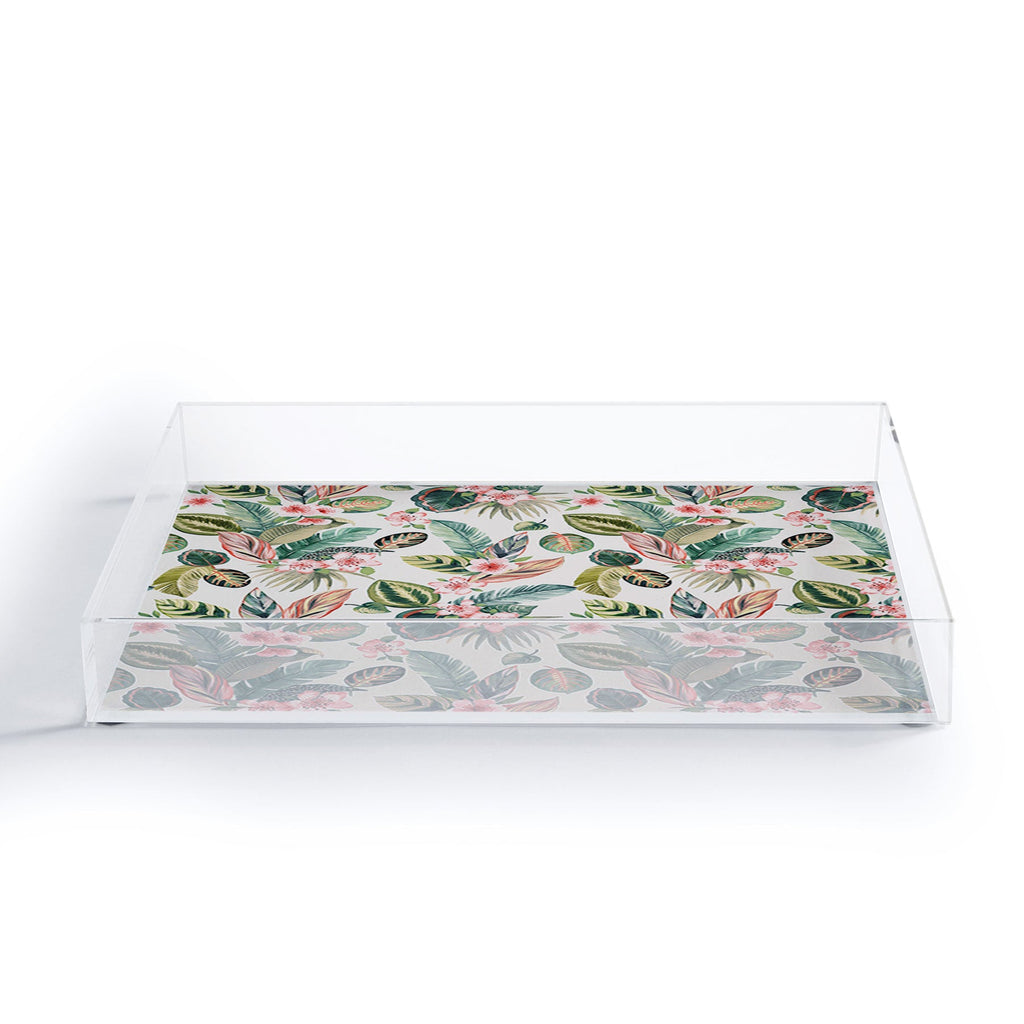 Ninola Design Botanic Retreat Tropical Leaves Flowers Pink Green Acrylic Tray
