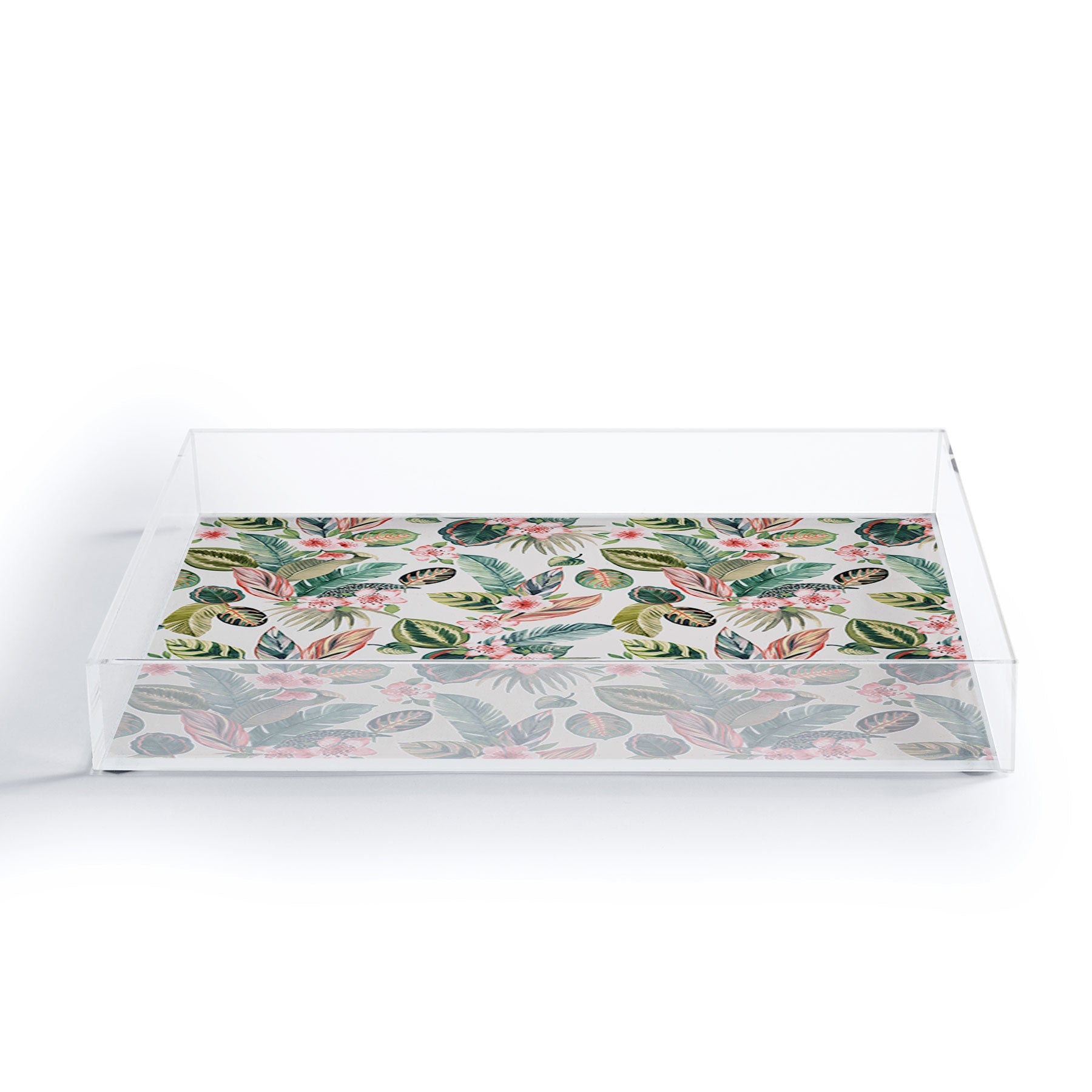 Ninola Design Botanic Retreat Tropical Leaves Flowers Pink Green Acrylic Tray