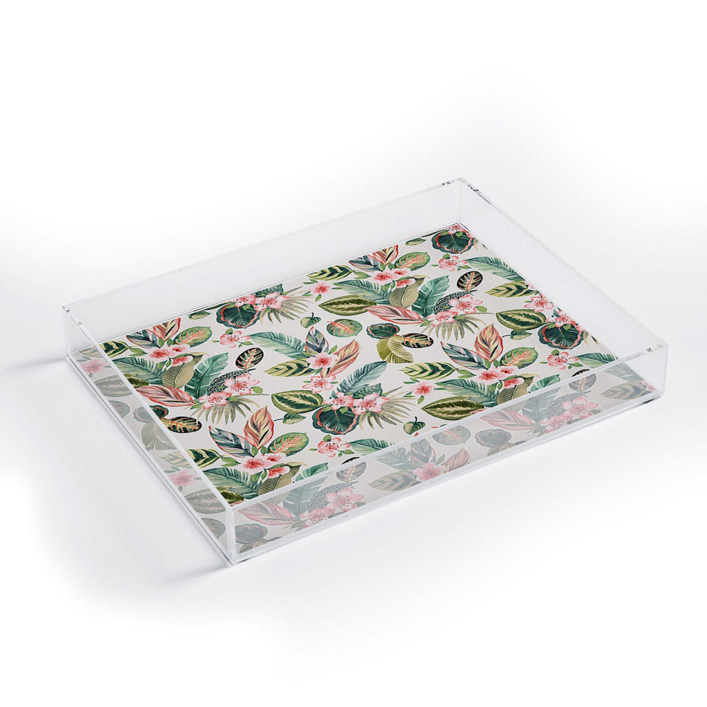 Ninola Design Botanic Retreat Tropical Leaves Flowers Pink Green Acrylic Tray