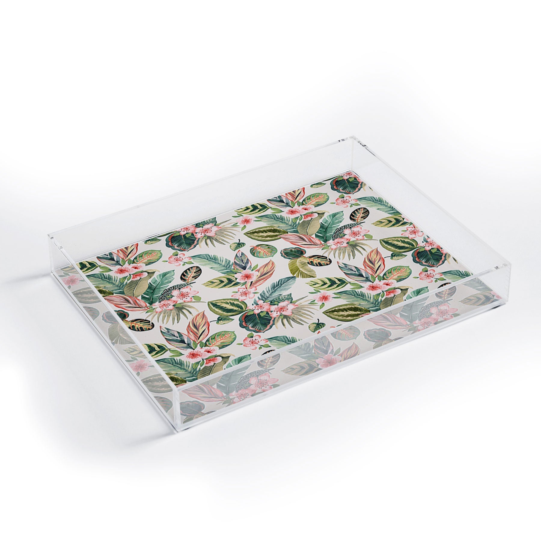 Ninola Design Botanic Retreat Tropical Leaves Flowers Pink Green Acrylic Tray