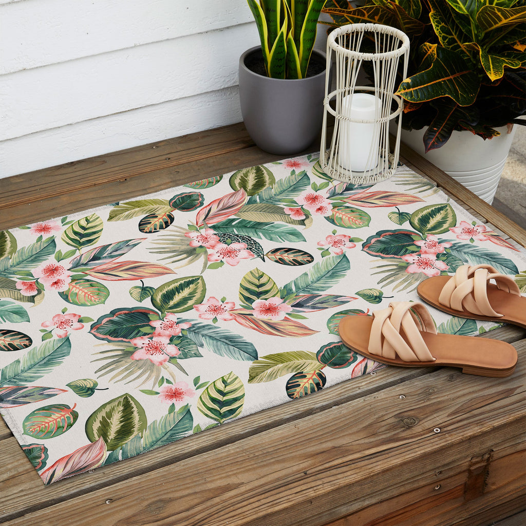 Ninola Design Botanic Retreat Tropical Leaves Flowers Pink Green Outdoor Rug